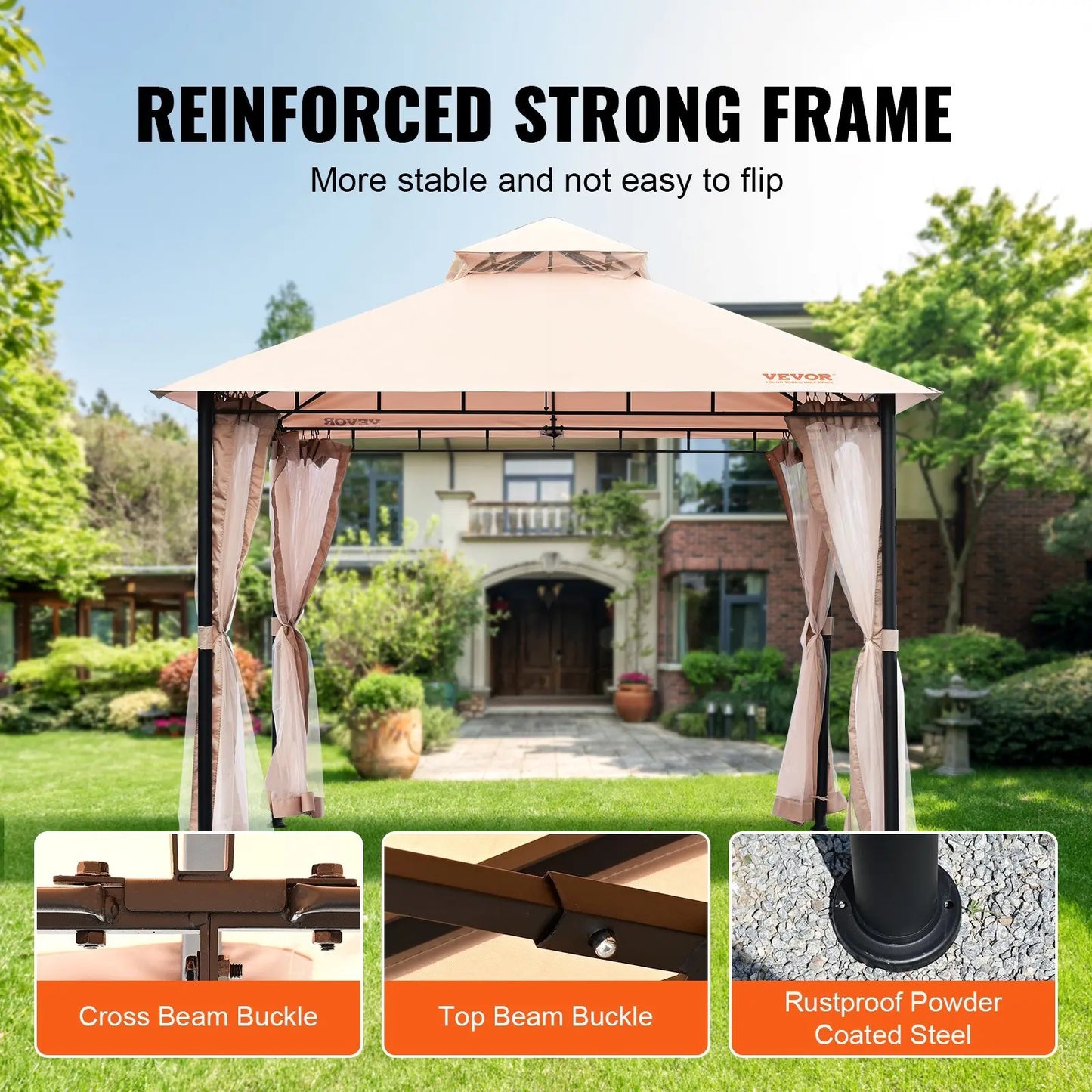 Patio Gazebo for 6-8 Person, 10 x 10 FT Backyard Gazebo, with Mosquito Netting, Metal Frame, and PU Coated 180G Polyester, Outdo