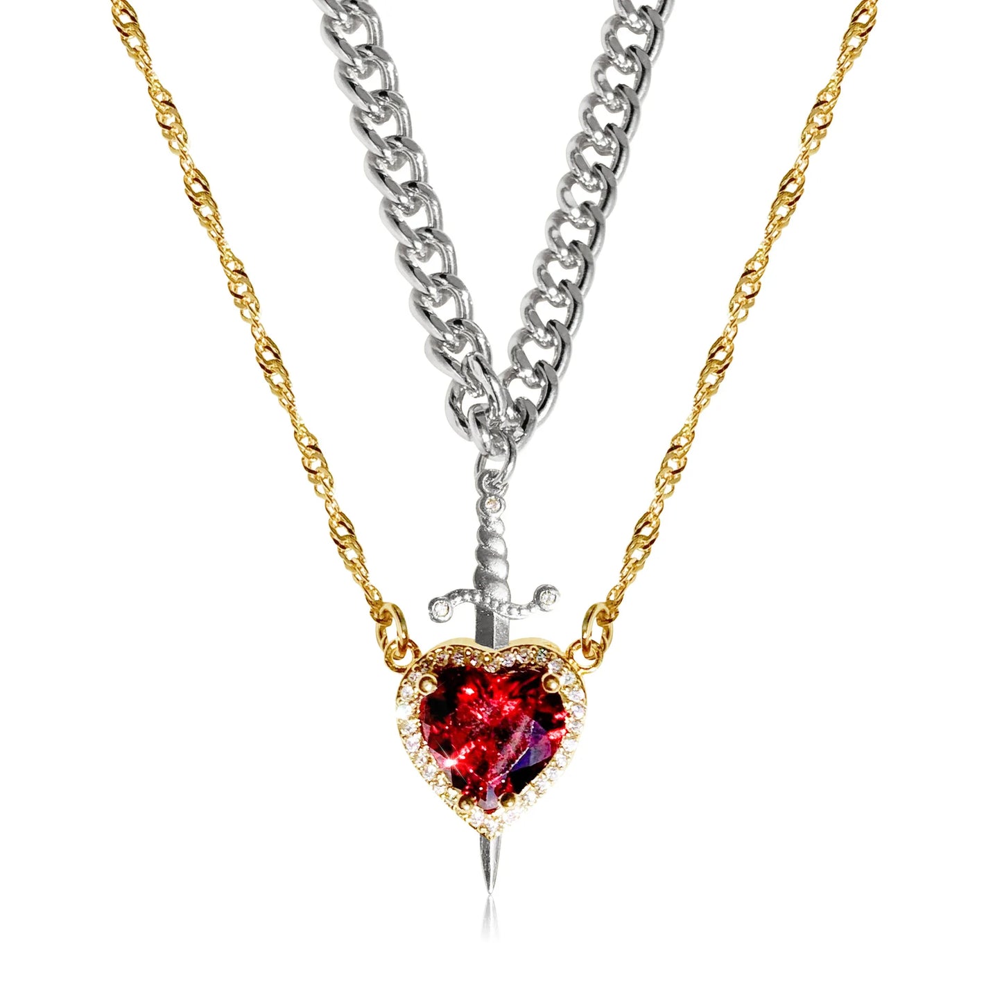 Creative Heart and Sword Couple Necklace Red Pink Heart Sword Necklace Fashion Accessories for Women Couple Gift Jewelry