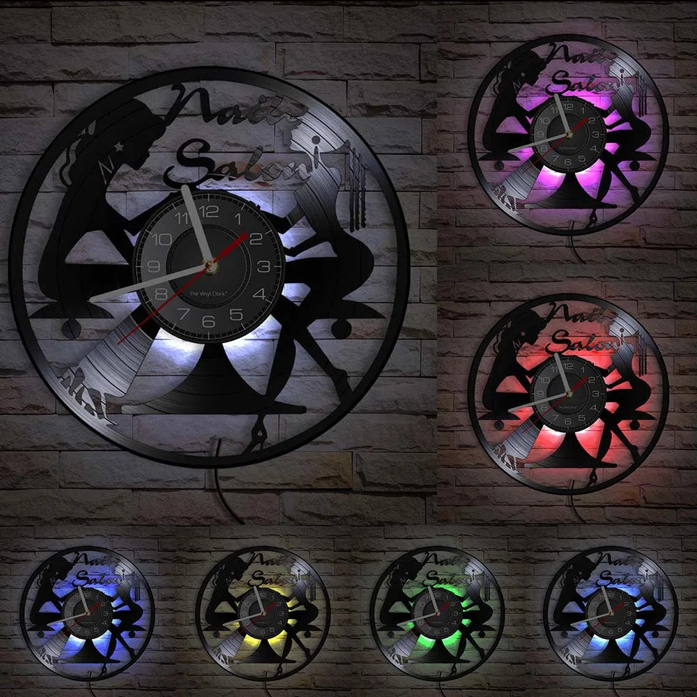 Manicure Design Wall Clock Fashion Beauty Store Wall Art Salon Vinyl Record Wall Clock Beauty Home Decor Gift For Her
