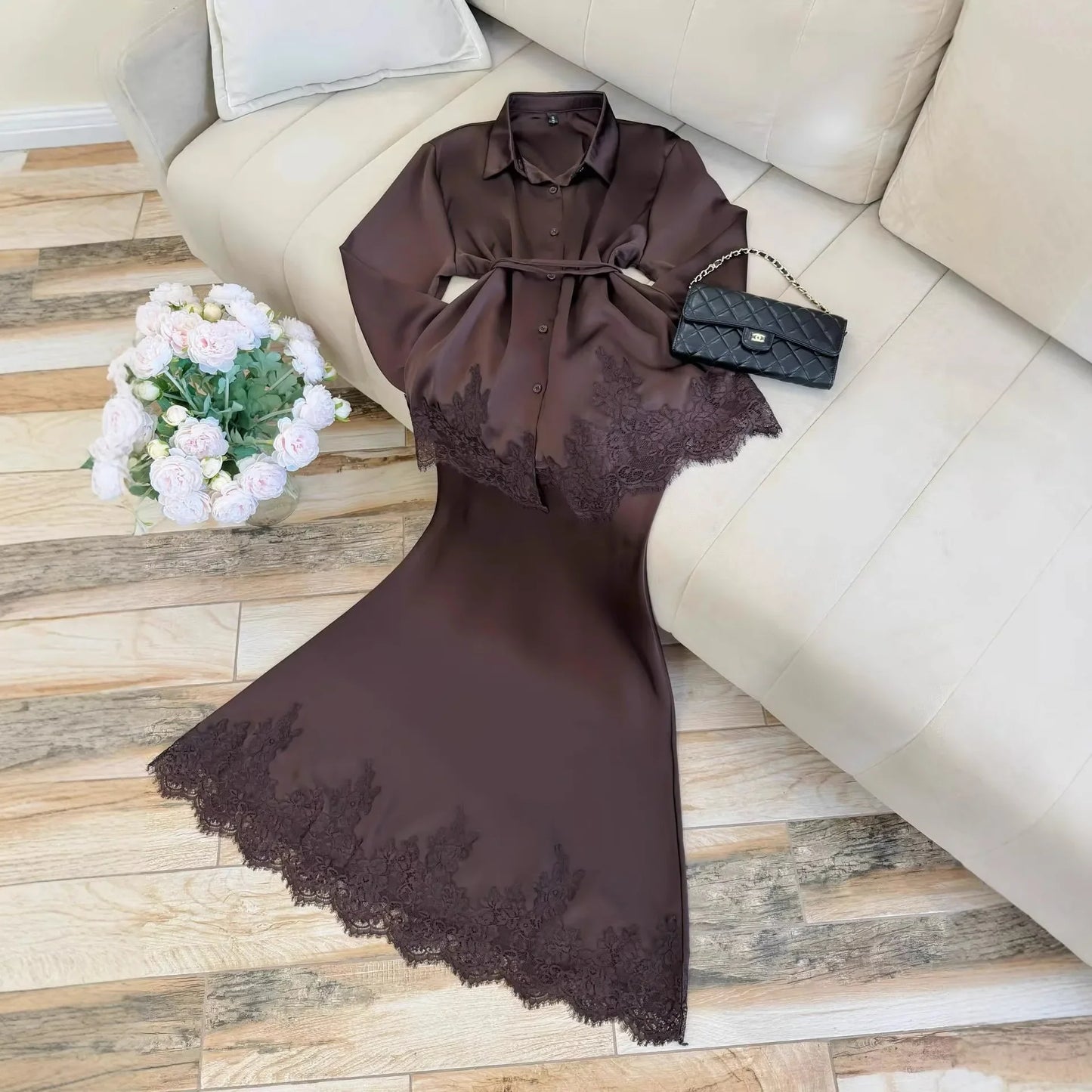 Women Two Piece Sets Skirt Set Turn Down Collar Lace Sexy Full Sleeve Tops Long Skirts High Waist Y2k Streetwear Elegant Work