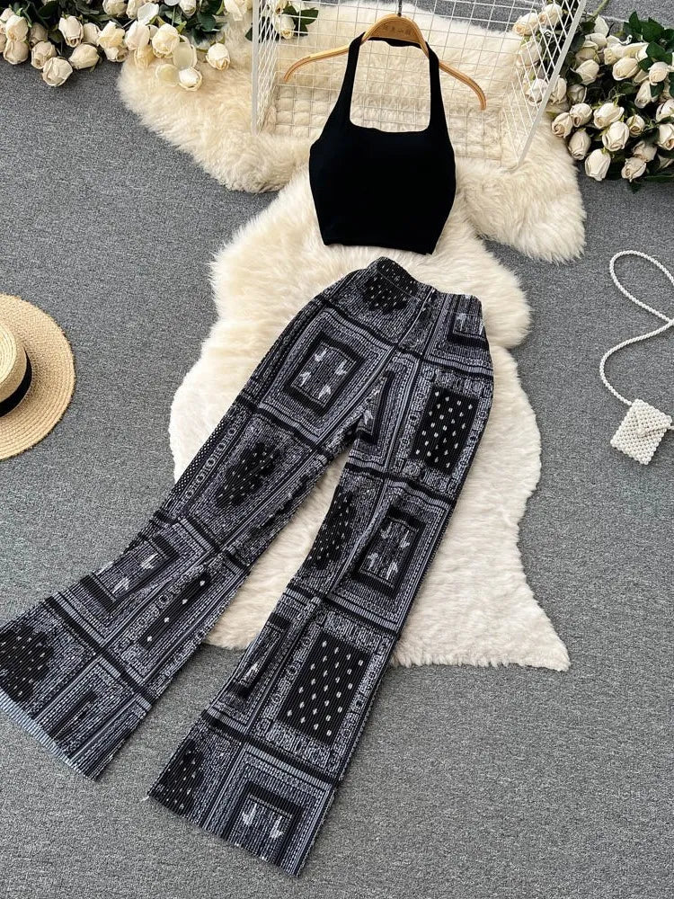 Fashion New Women Summer Sexy Pants Set 2023 Halter Tank Tops Wide-leg Long Pantsuit Female Slim Vacation Two Piece Sets