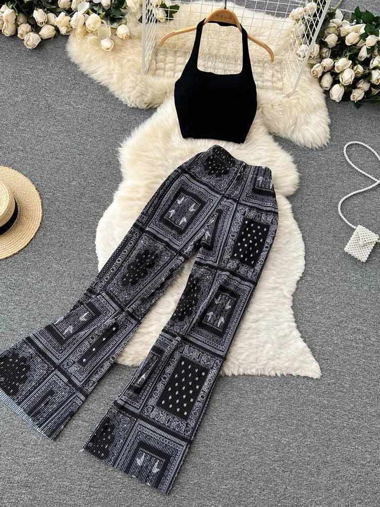 Fashion New Women Summer Sexy Pants Set 2023 Halter Tank Tops Wide-leg Long Pantsuit Female Slim Vacation Two Piece Sets