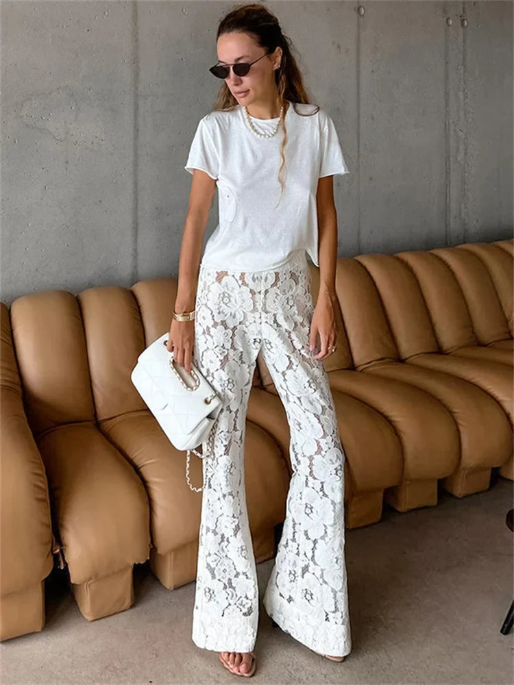 Tossy White Printed High Waist Straight Legg Women Patchwork Hollow Out Fashion See-Through Lace Women's Pants Summer Clothes
