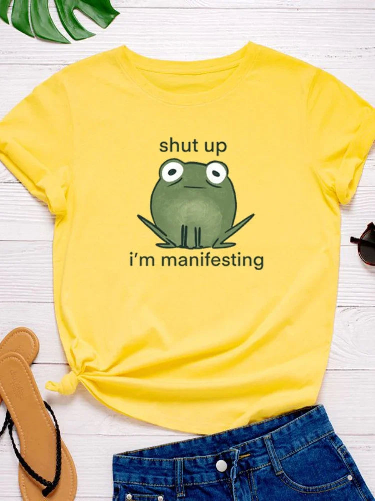 I'm Manifesting Frog Print Women T Shirt Short Sleeve O Neck Loose Women Tshirt Ladies Tee Shirt Tops Clothes Camisetas Mujer
