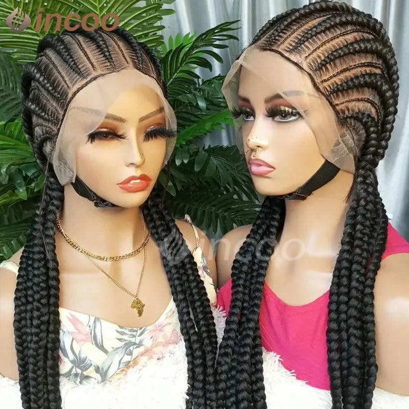 36 Inches Cornrows Braided Wigs Synthetic Full Lace Wig For Black Women Jumbo Braided Wigs Lace Frontal Faux Locs Box Braids Wig