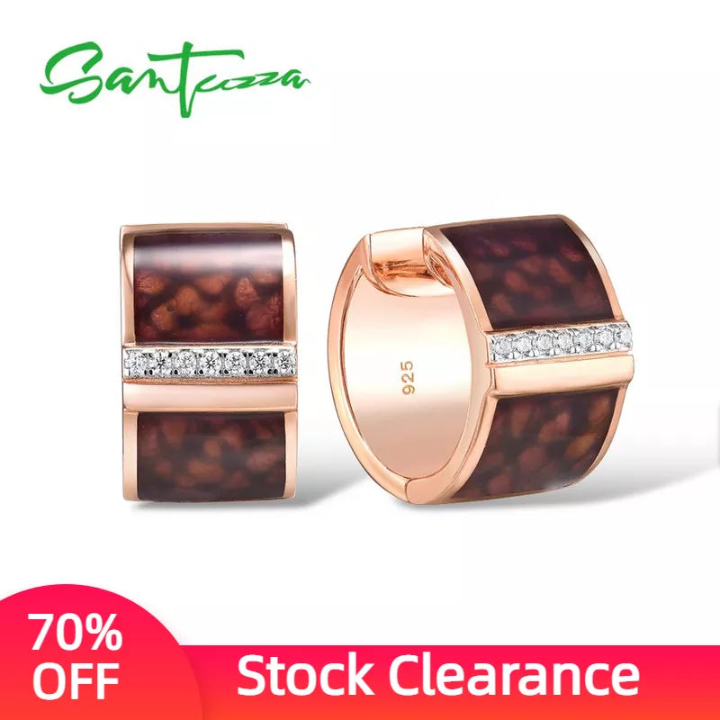 SANTUZZA Silver Earrings For Women 925 Sterling Silver Rose Gold Color Brown Chic Earrings Trendy Fine Jewelry Handmade Enamel