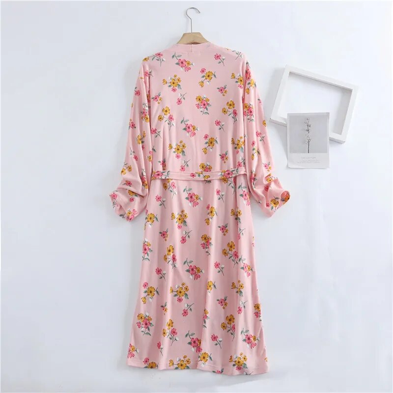 Spring and Autumn Cotton Waffle Kimono Bride Bathrobe and Night Gown Home Wear Women Flower Print Sashes House Robe for Women