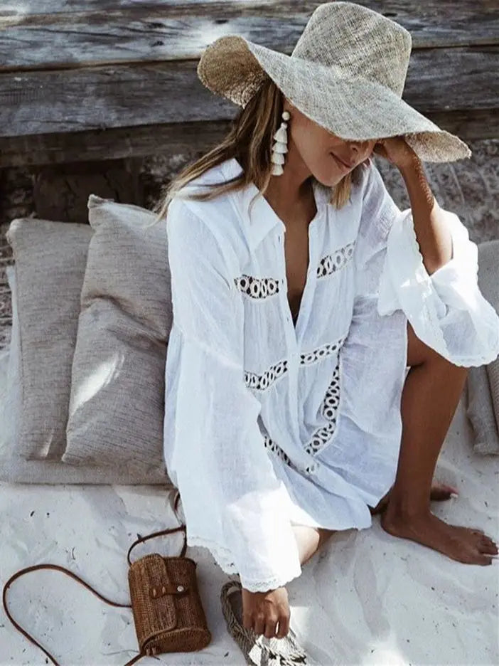 2024 Women Swimsuit Cover Up Sleeve Kaftan Beach Tunic Dress Robe De Plage Solid White Cotton Pareo  High Collar Beachwear