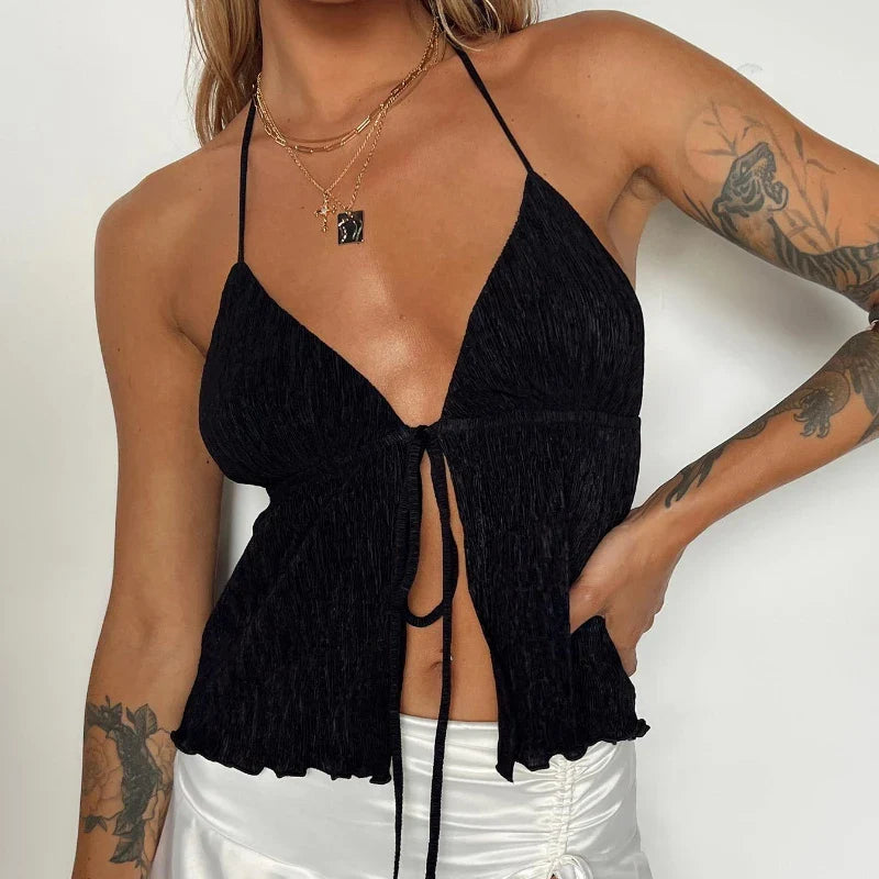 Vest Y2K Top Clubwear New Halter Lace-up Camisole Sexy Lady Backless Tanks Summer Split Crop Top Camis Tank  New