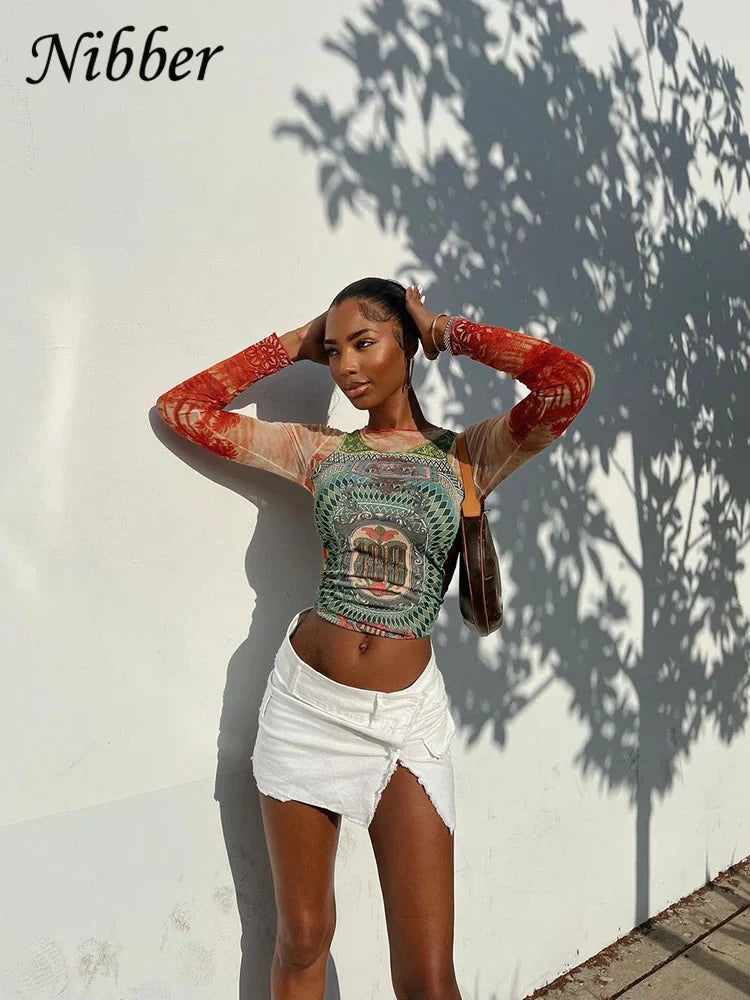 Nibber Autumn Art Print T-shirt Women's Wear Long-sleeved O-Neck Short Section Navel Slim Fit Top Female street comfortable 2022