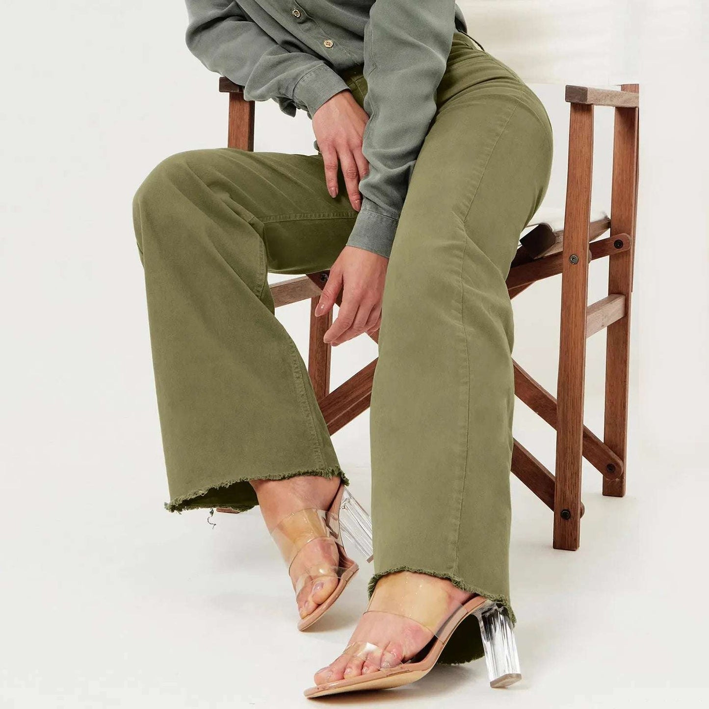 Jeans For Women High Waist Womens Casual Denim Pants Jeans Green Color Bell Jeans Flared Denim Jeans 여성바지