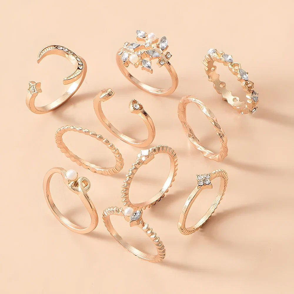 10pcs Rings Suit for Women Gold-Color Chain Ring Set Bohemian Style
