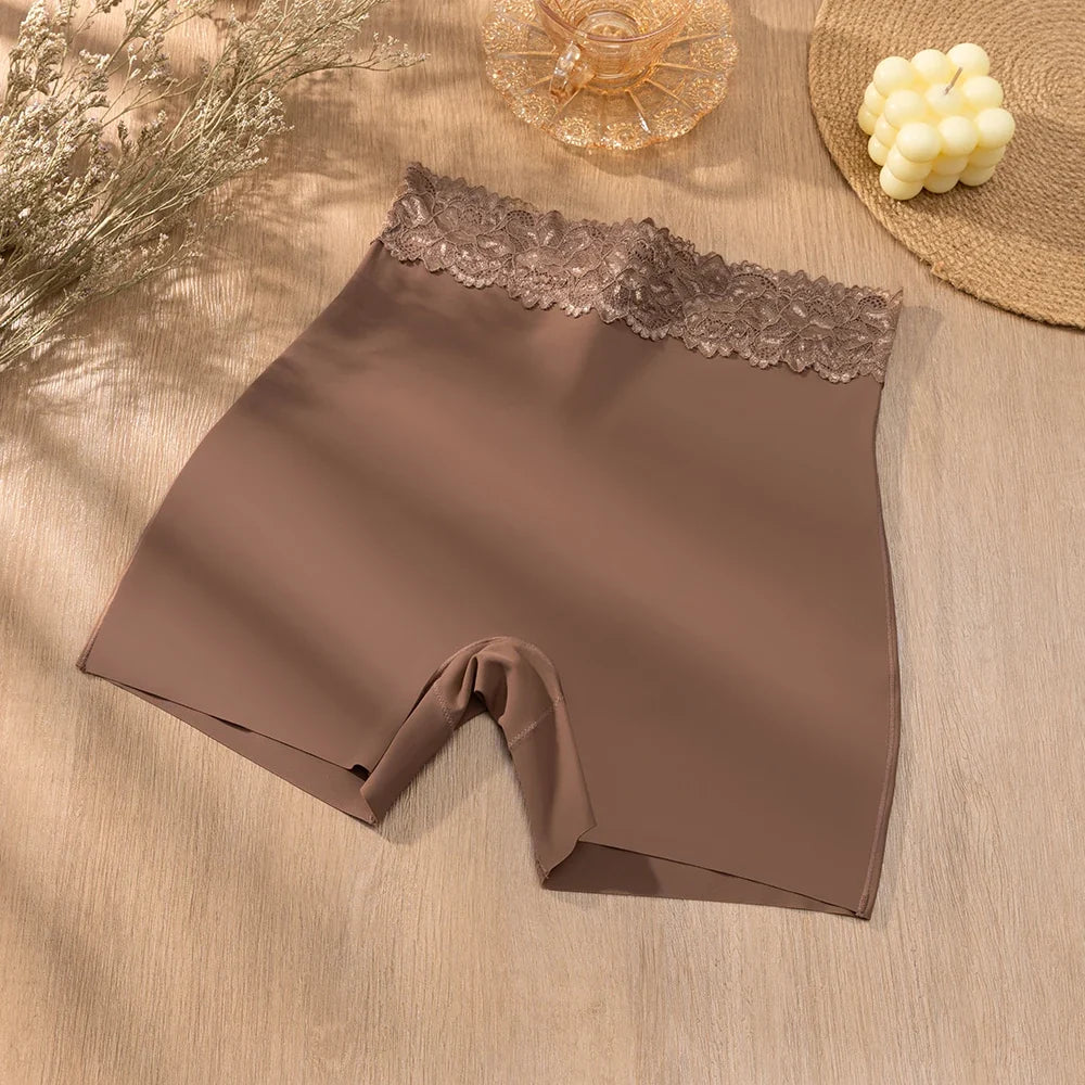 Giczi New Women's Lace Trim Panties Satin Seamless Safety Shorts Anti-Exposure Underwear Tummy Control Shaping Breathable Boxers