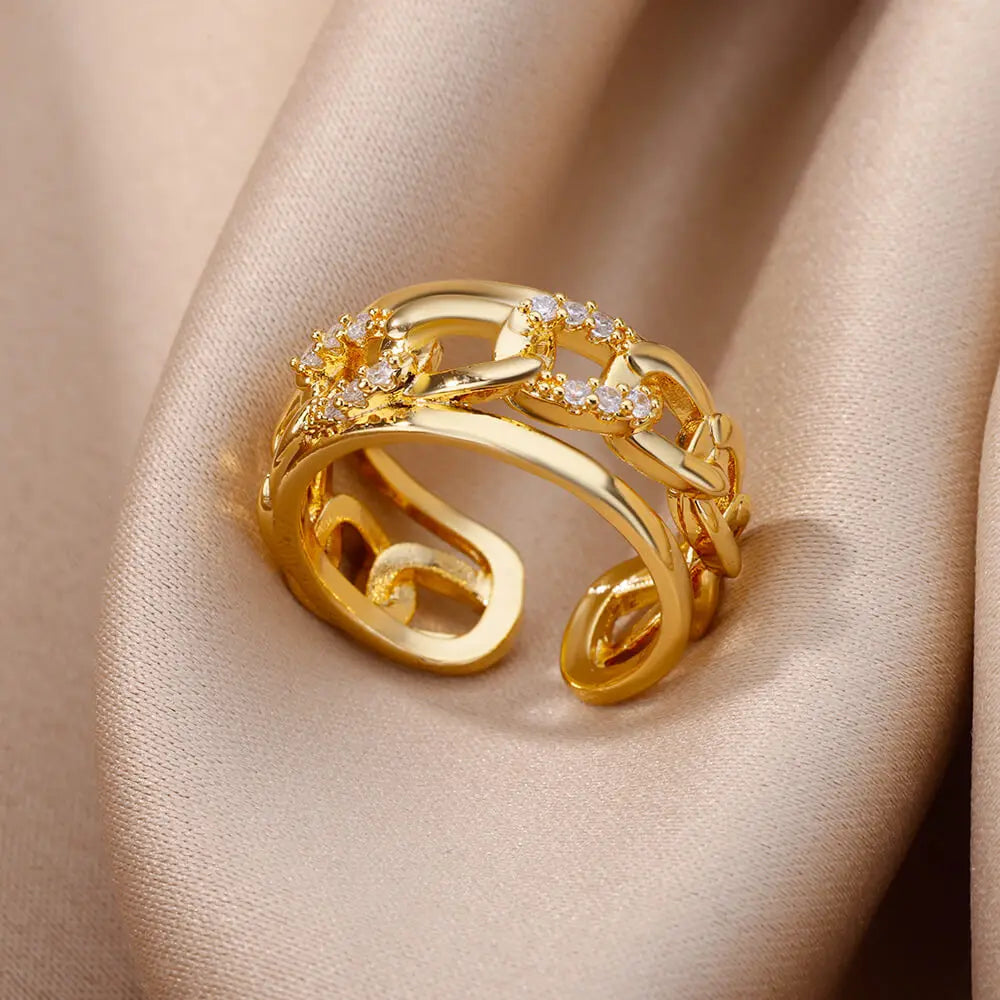 Gold Plated Stainless Steel Crystal Rings For Women Chain Geometry Zircon Finger Ring Jewelry Gift anillos mujer 2025 New Trendy