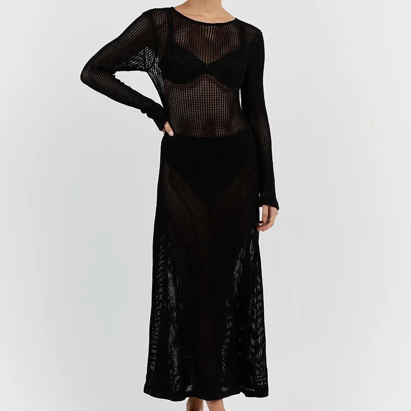 hirigin Elegant Long Sleeve Maxi Dress for Women Hollow Crochet Knit Summer Beach Cover ups Party Long Dress Club Streetwear