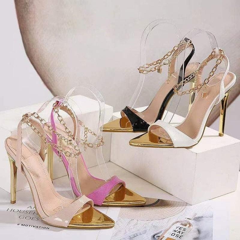 Sexy Pointed Toe Women's High Heels Retro Thin Design Metal Chain Banquet Mules 2022 Summer New Cross Tie Cozy Women's Stilettos