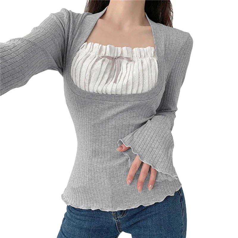 Xingqing Elegant Lady Square Collar T Shirt Kawaii Clothes Fairy Grunge Long Sleeve Ribbed Tops y2k Tees 2000s Women Streetwear
