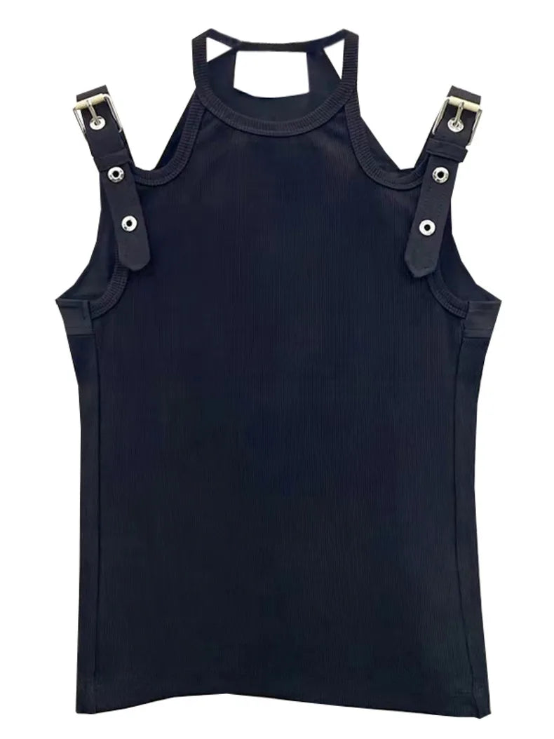 DEAT Fashion Women's Tops Round Neck Hollow Out Khaki Sleeveless Suspender Tank Tops Summer 2024 New Trendy 17A5505H