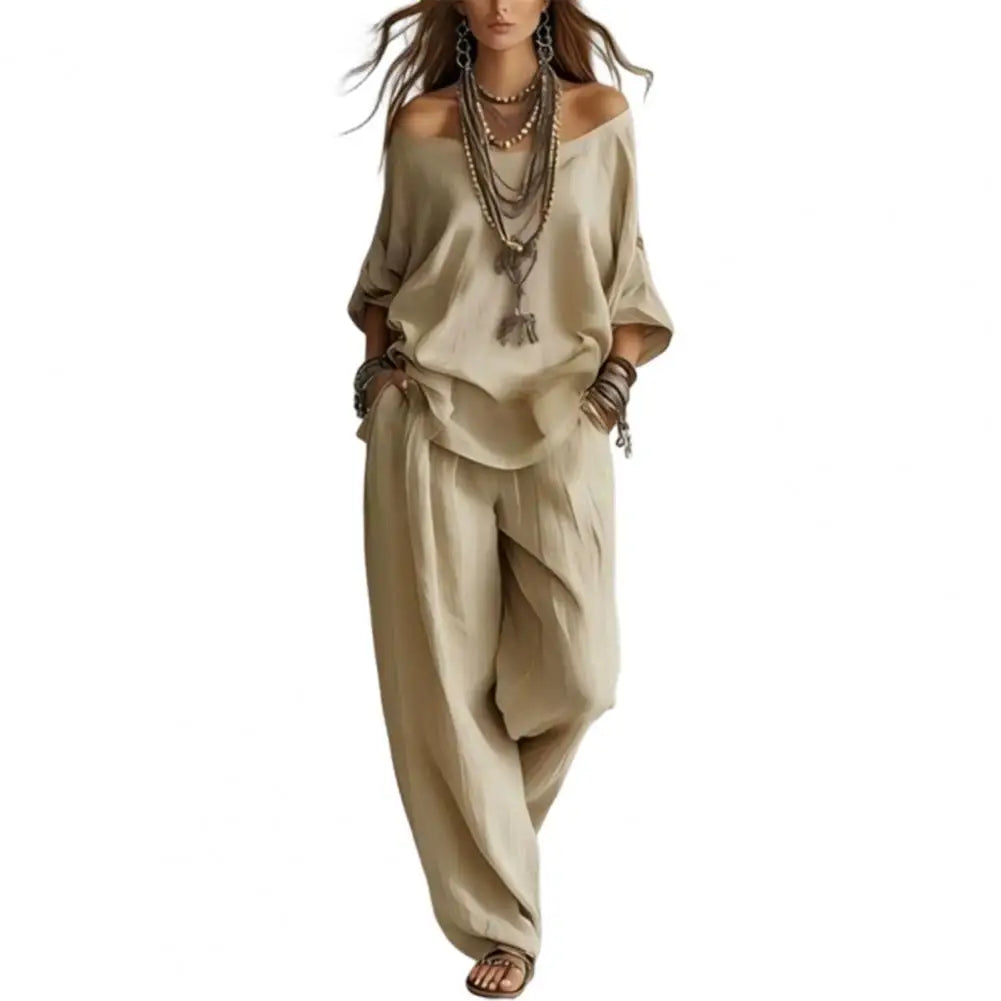 New Elegant Off Shoulder Sling Tops Long Pant Set Summer Women Casual Loose Sleeve Solid 2Pc Suits Fashion Draped Party Suits