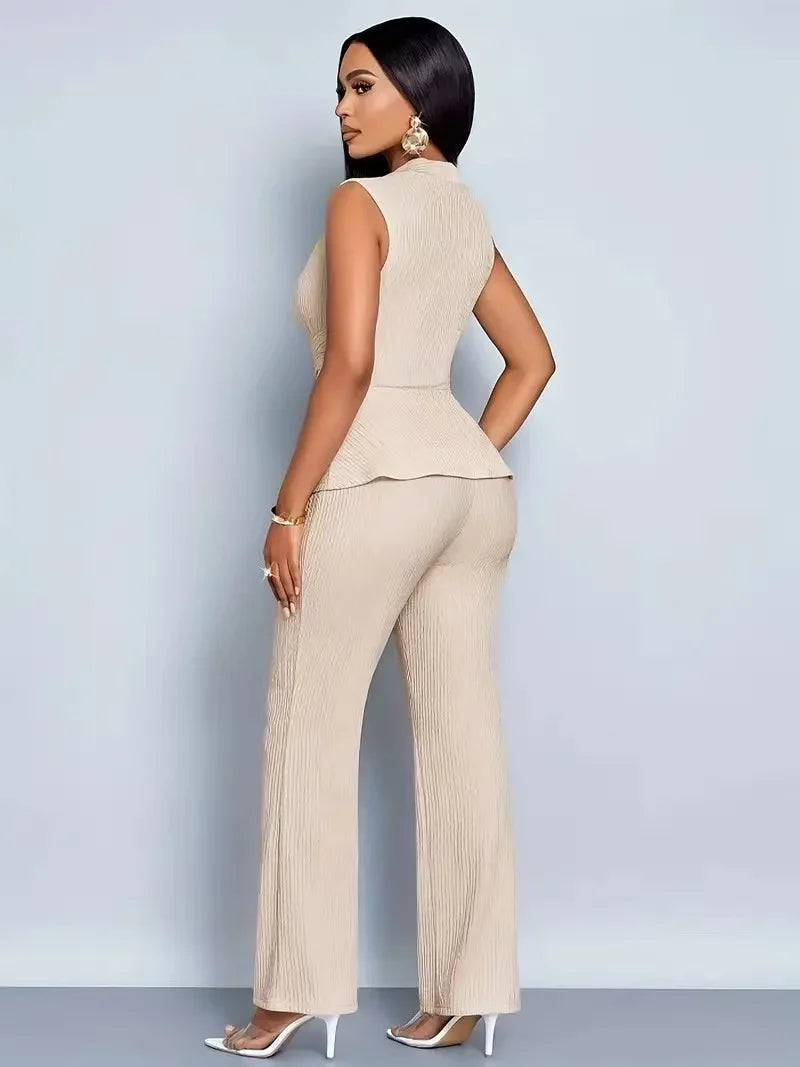 Women's Elegant 2 Piece Outfits Sleeveless V Neck Pleated Peplum Top And Straight Leg Pants Set Casual Office Workwear Matching