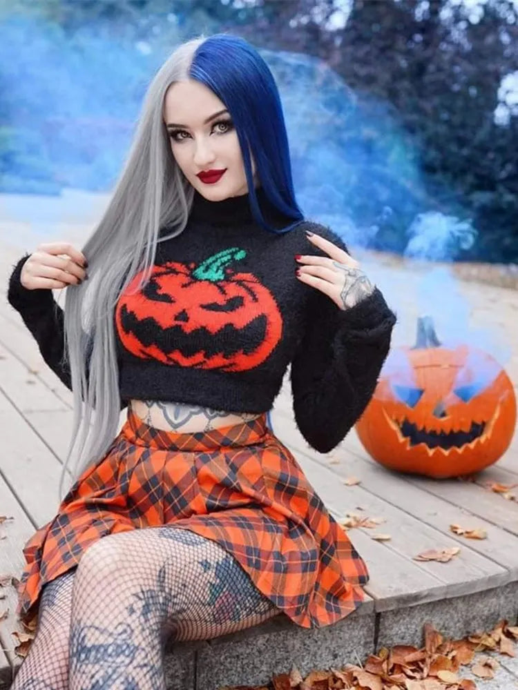 Halloween Sweater Turtleneck Pullover Crop Long Sleeves Halloween Grunge Top