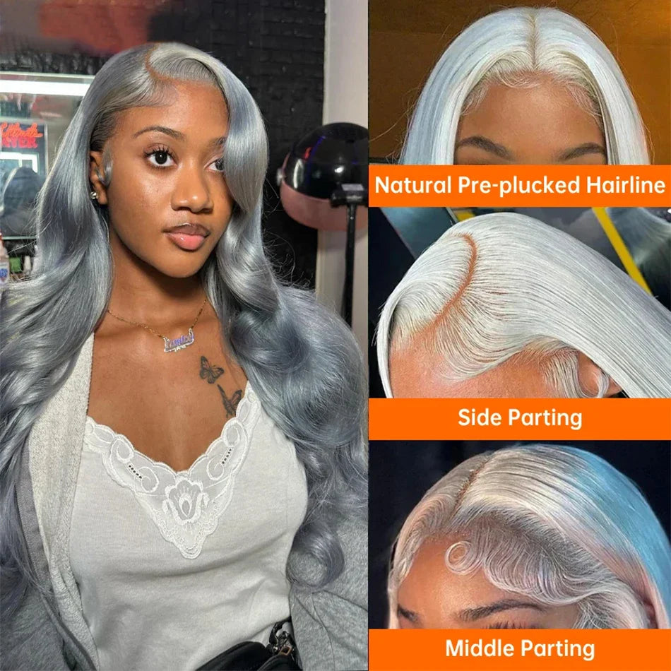 Silver Grey Body Wave Lace Frontal Wig 13x4 Lace Front Human Hair Wig For Women Preplucked Brazilian Colored Lace Human Hair Wig