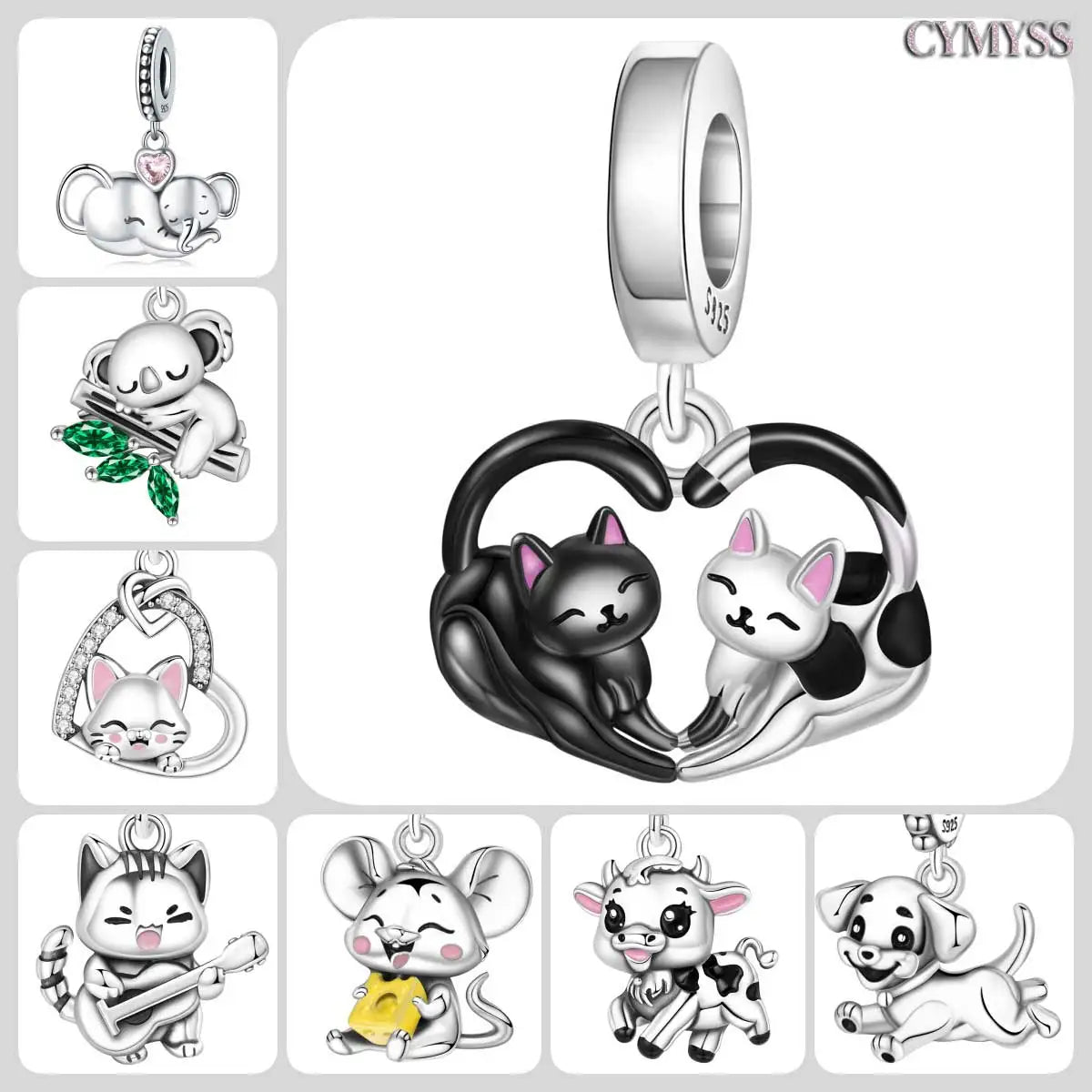 Hot Sale 925 Sterling Silver Dog Cat Cute Pet Animals Pendant Birthday Party Gift for Women Bangle Bracelet Necklace DIY Jewelry