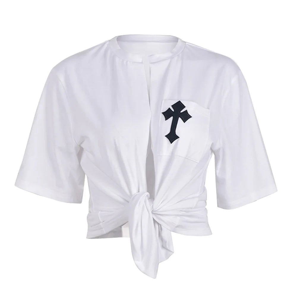 Perl White Cross Hollow Out Shirts for Women Summer Short Sleeve Female Clothes Fashion Christianity Pattern Crop Top Casual Tee