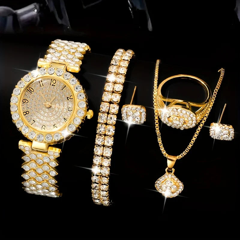 6-piece/set women's watch luxury rhinestone quartz watch gold fashion simulation watch and jewelry set