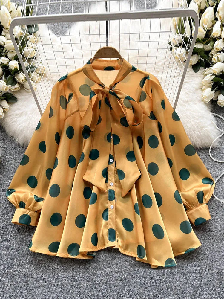 2023 Women's Spring Summer New All-match Chiffon Shirt Bow Tie Long-sleeved Polka Dot Western-style Top Blouse D999