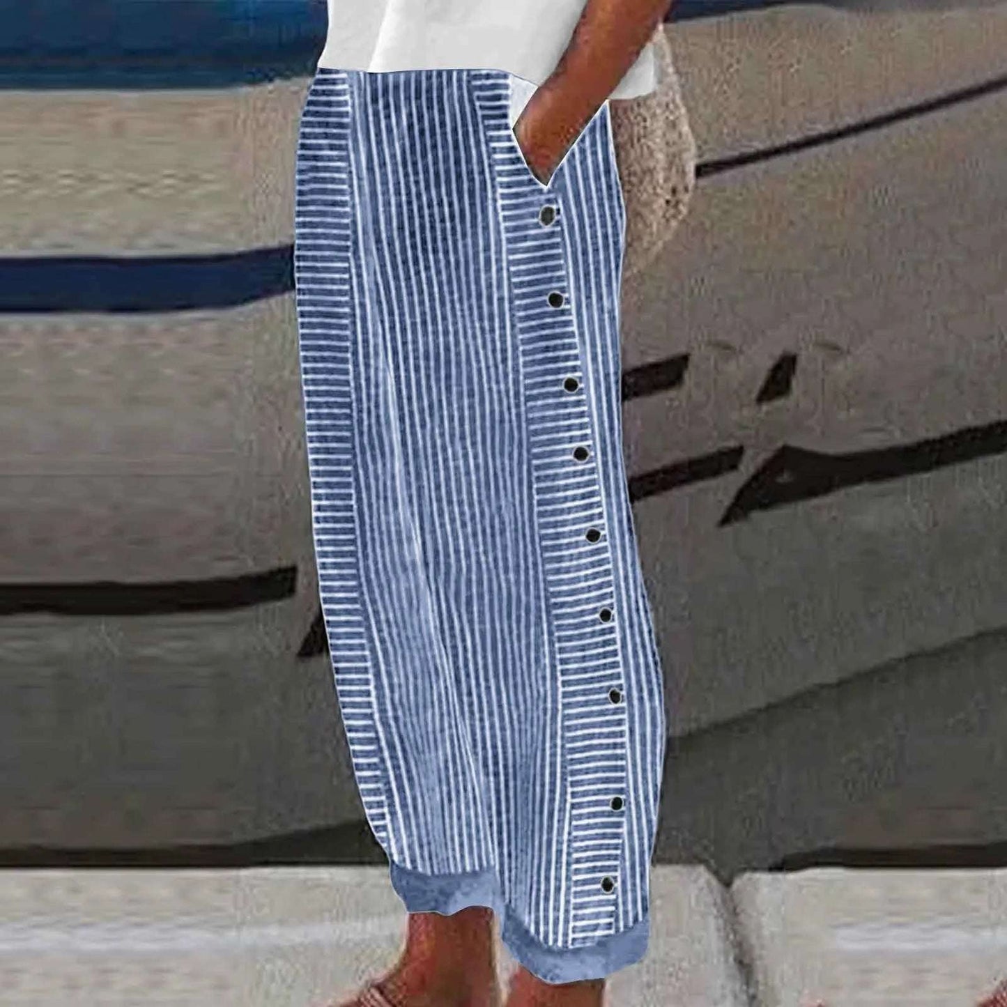 Long Linen Pants Women Women Summer Fashion Striped Print Button Casual Versatile Loose High Waist Yoga Dress Pants For Women