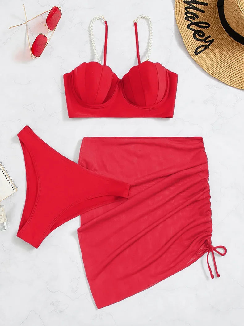 New Swimsuit Women Three Piece Set Solid Blue/Red/Orange/Black Summer Bikini European American Scallop 2024 Swimsuits Wholesale