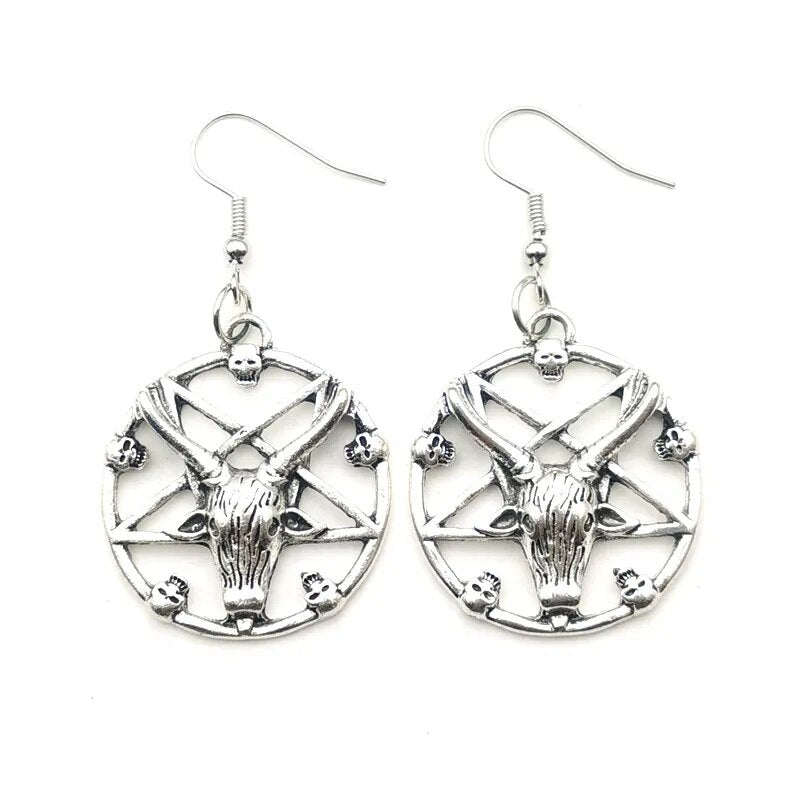 Vintage Goth Gothic punk ancient silver colour pentagram antelope skull coffin cross earrings Aesthetic Grunge y2k Jewelry