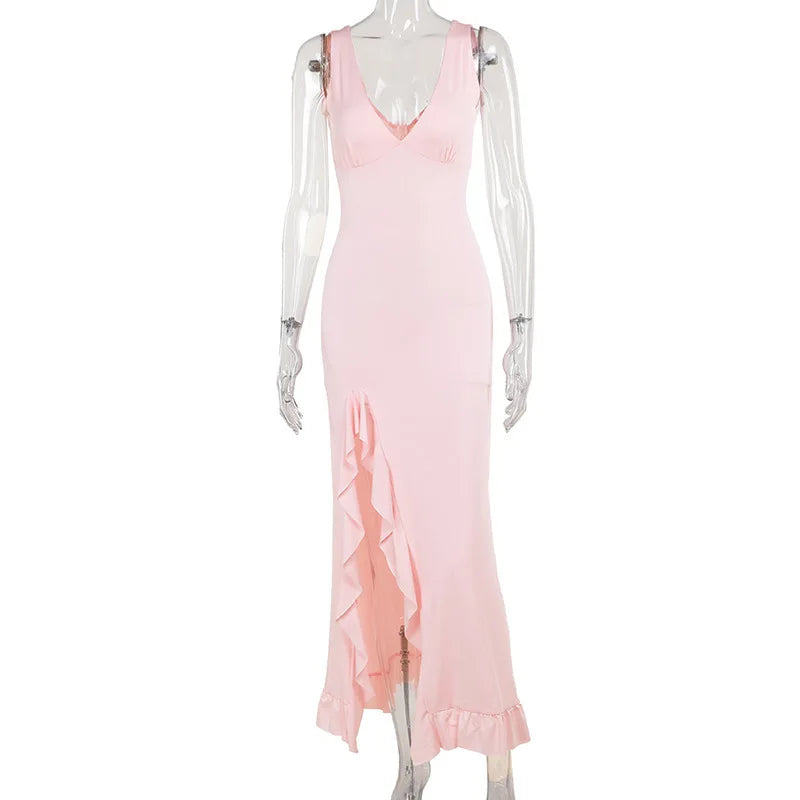 Avrilyaan Ruffle High Split Sexy Dress Women 2024 Robes Elegant Evening Summer Dress Backless Party Long Midi Dress Vestidos