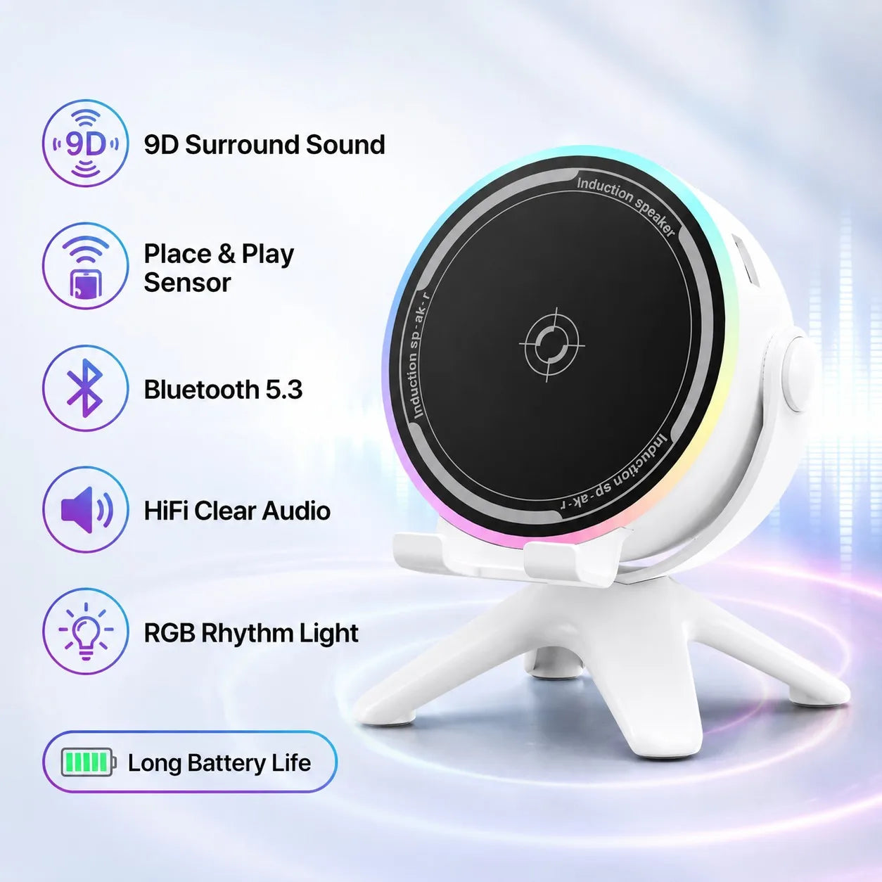 Wireless Sensor Bluetooth Speaker 5.3, HiFi 9D Sound RGB Light Long Battery Phone Stand for iPhone Samsung Xiaomi