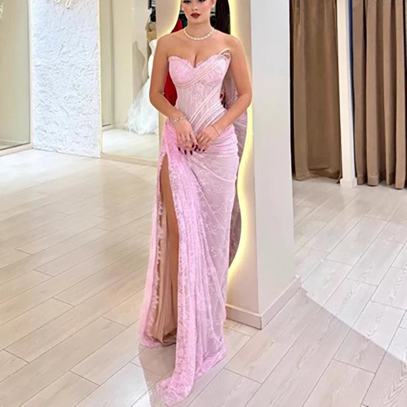 Women Fashion High Waist Split Slim Evening Dress Sexy Lace Embroidery Luxury Gowns Sexy Strapless Sleeveless Irregular Dresses