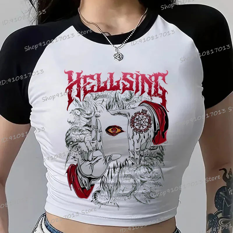 Anime Hellsing Gothic Crop Top Women Harajuku Fashion Clothes Ultimate Vampire Print Short Sleeve Tshirt Hellsing Crop Tank Tops