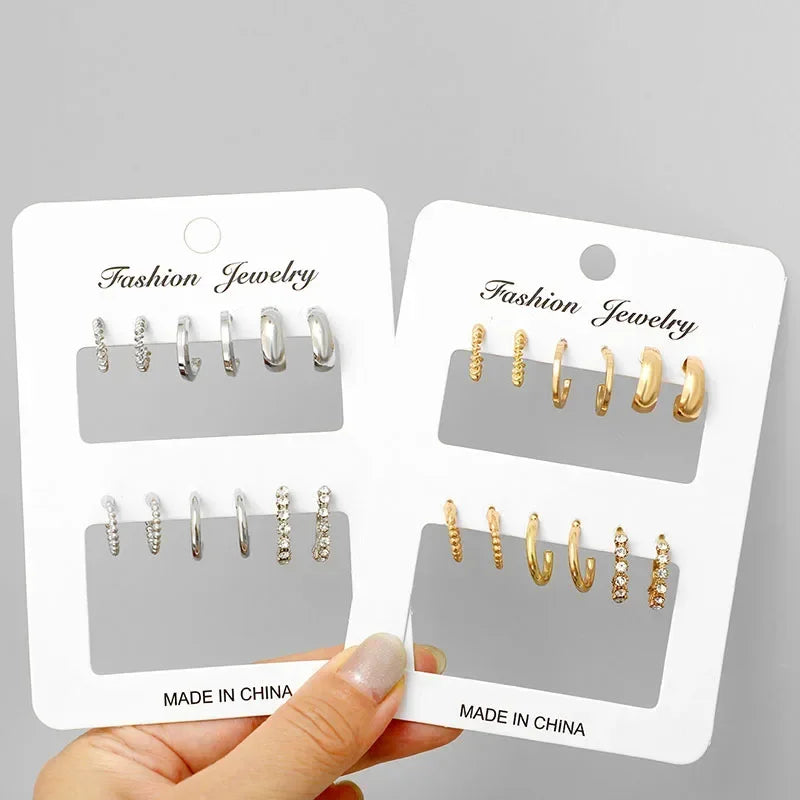 6Pcs/set Stainless Steel Crystal Zirconia Hoop Earring for Women Metal Circle Geometric Cartilage Piercing Earrings Set Jewelry