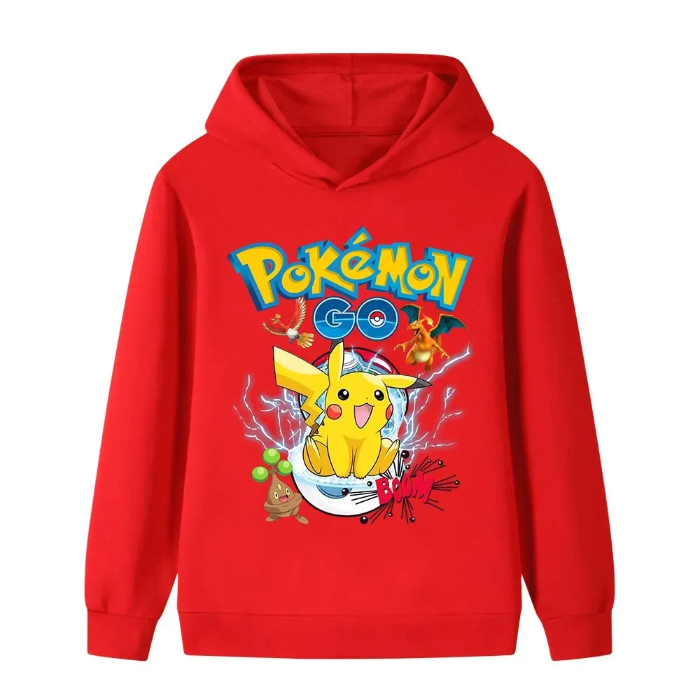 2026 Fall Winter Hot Sale Pokemon Pikachu Print Hoodie, 100% Cotton Anime Sweatshirt, Kids Parent-child Casual Sportswear Tops