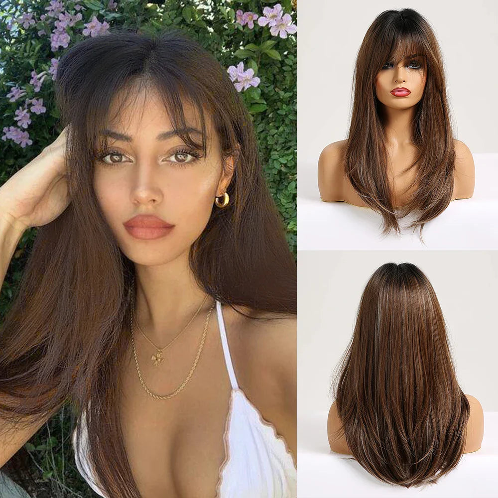 Element Medium Length Synthetic Straight Natural Brown Wigs with Side Bangs Heat Resistant Party Wigs for White/Black Women