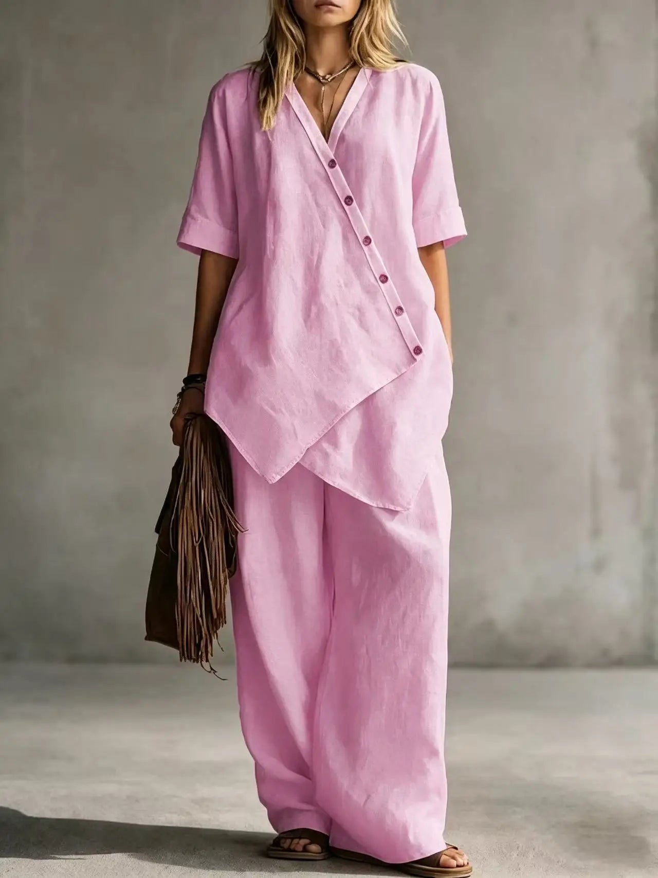 2026 Women's Fashion Casual Solid Color V-Neck Loose Short Sleeve Top and Cardigan with Long Pants Two-Piece Set