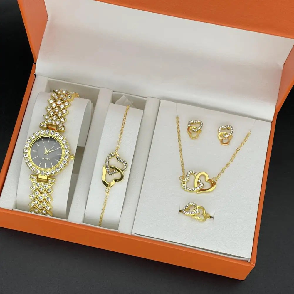 1 Set Women Jewelry Set with Gift Box Complete Collection of Quartz Watch Necklace Bracelet Ring Earring Set Golden Jewelry Gift