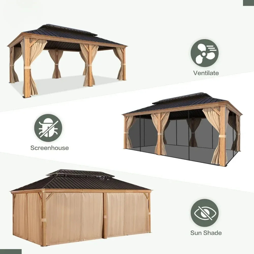 12x20 Gazebo, Hardtop Wood-Looking Gazebo with Galvanized Steel Double Roof, Patio Hardtop Gazebo with Netting and Curtains