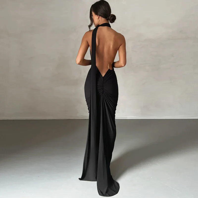 Hugcitar One Shoulder Backless Adjustable Scarf Loop Ruched Sexy Maxi Dress 2025 Women Elegant Y2K Streetwear Festival Outfit