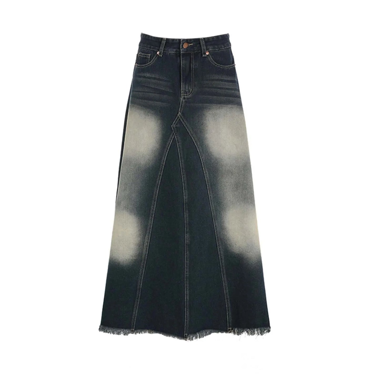 Vintage Denim Skirts For Women High Waisted Distressed Washable Blue A Line Dress High Street Style Fringe Hem Long Half Skirts