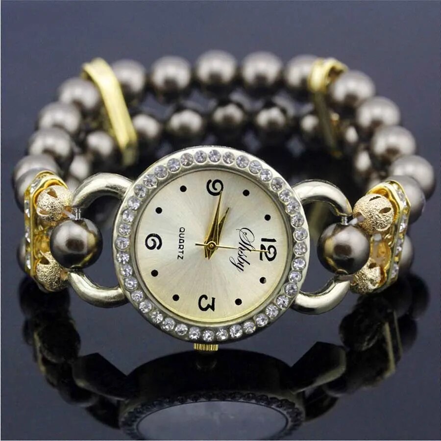Shsby New Women's Rhinestone Quartz Analog Bracelet Wrist Watch Lady Watches With Colorful Pearls