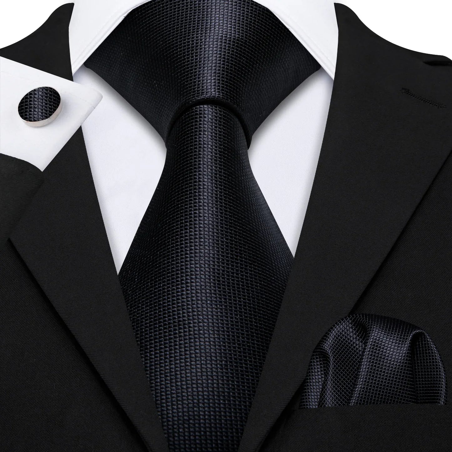 Black White Gray Silver Men Tie Handkerchief Cufflinks Set.