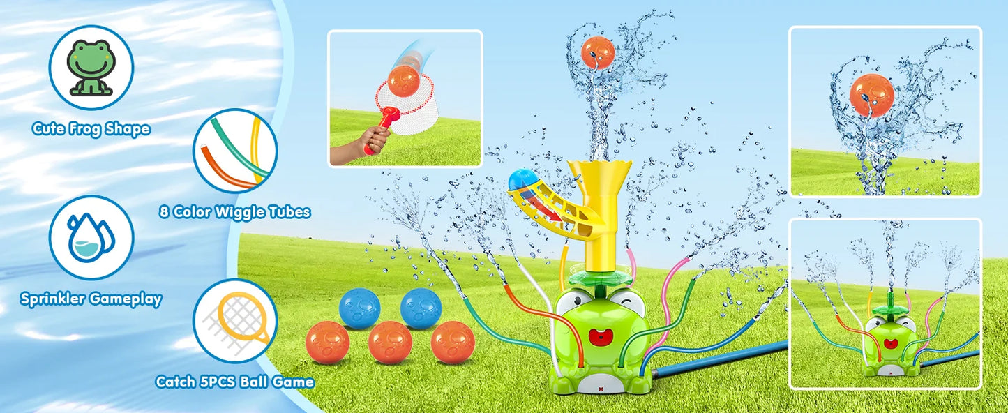 VATOS Kids Outdoor Water Play Sprinklers-2 in 1 Frog Sprinkler Spinning  Catch Ball Game Summer Water Play Set Toys for kids