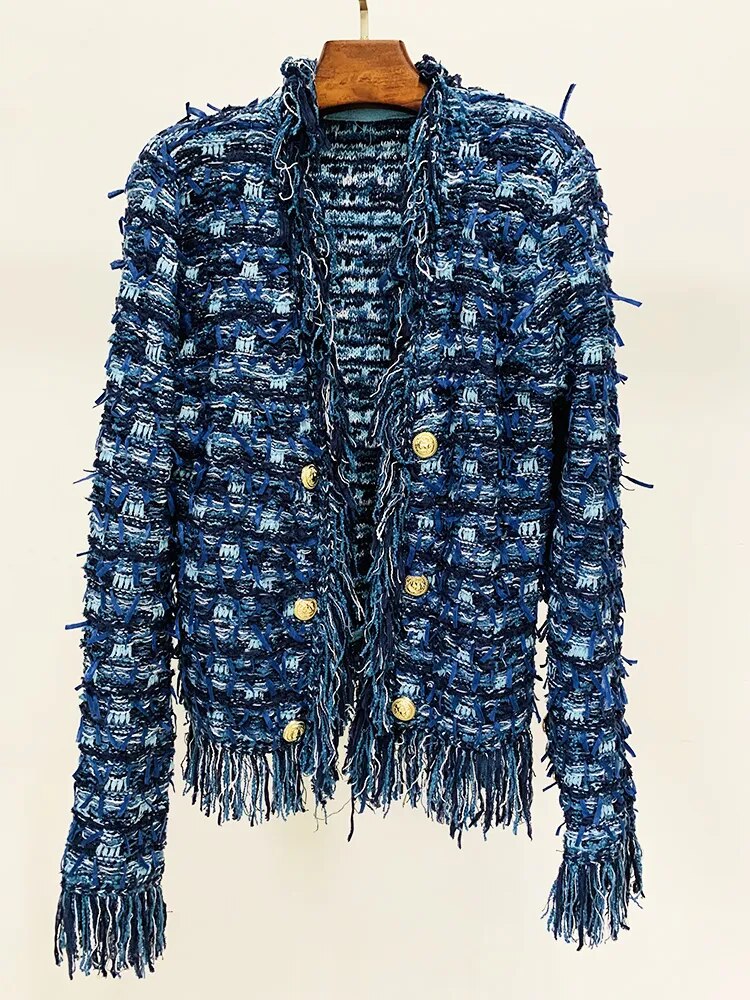 HIGH STREET Newest 2023 Fall Winter Fashion Designer Jacket Women Lion Buttons Embellished Tassel Knit Cardigan