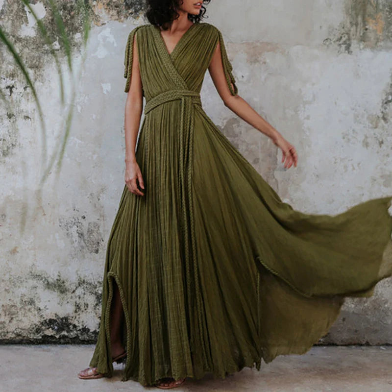 Sexy Deep V-neck Bandage Robe Long Dress 2024 Women Elegant High Waist Split Solid Party Dress Summer Fashion Pleated Maxi Dress